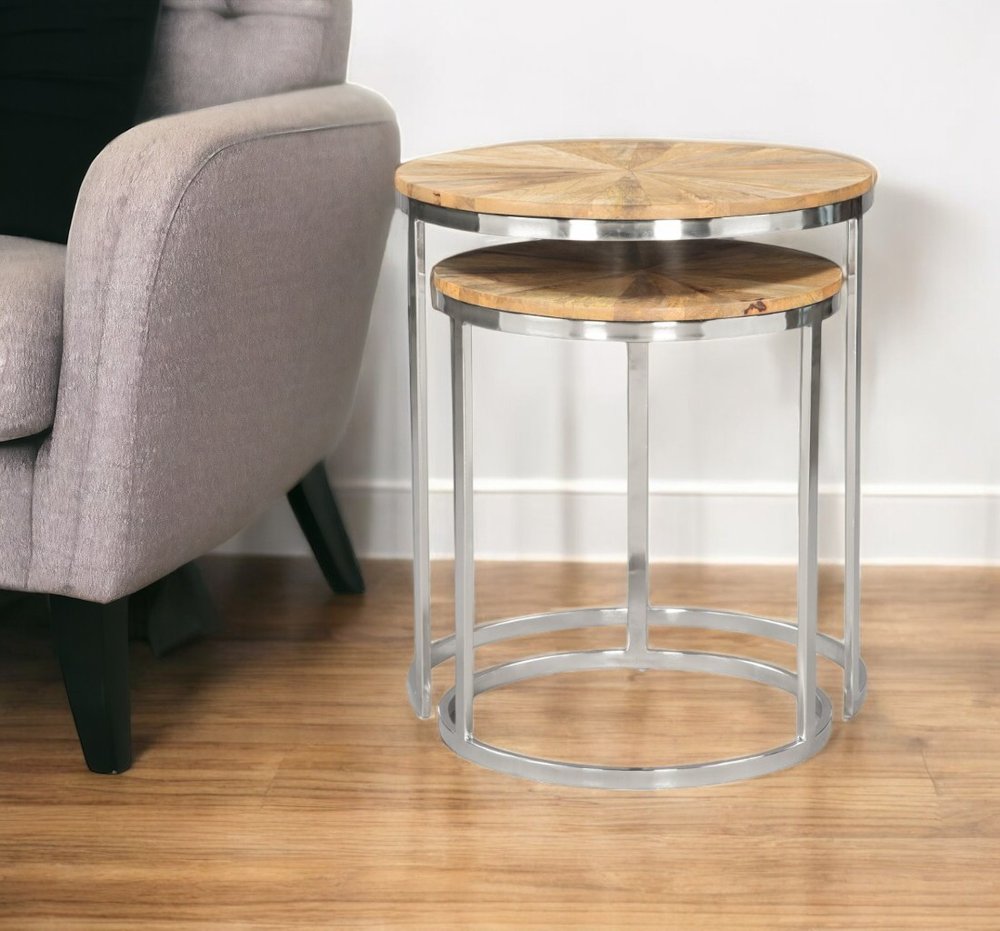 Set of Two Natural and Silver Solid Wood and Iron Round Frame Nested Tables