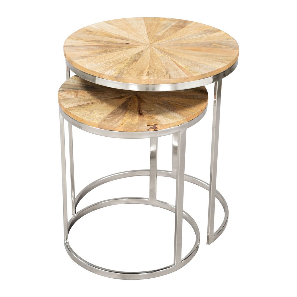 Set of Two Natural and Silver Solid Wood and Iron Round Frame Nested Tables