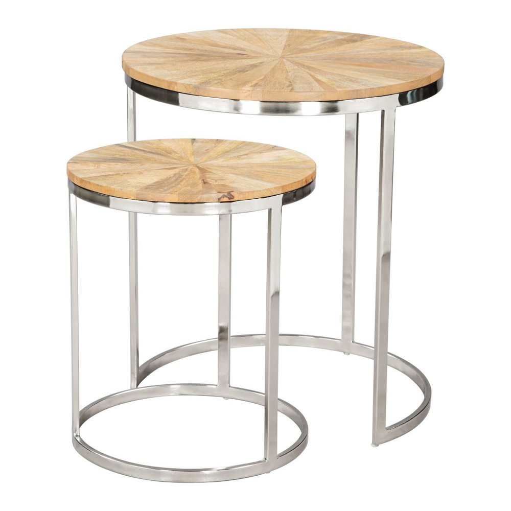 Set of Two Natural and Silver Solid Wood and Iron Round Frame Nested Tables