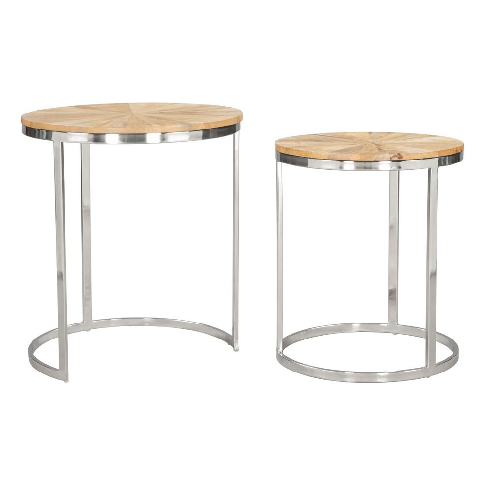 Set of Two Natural and Silver Solid Wood and Iron Round Frame Nested Tables