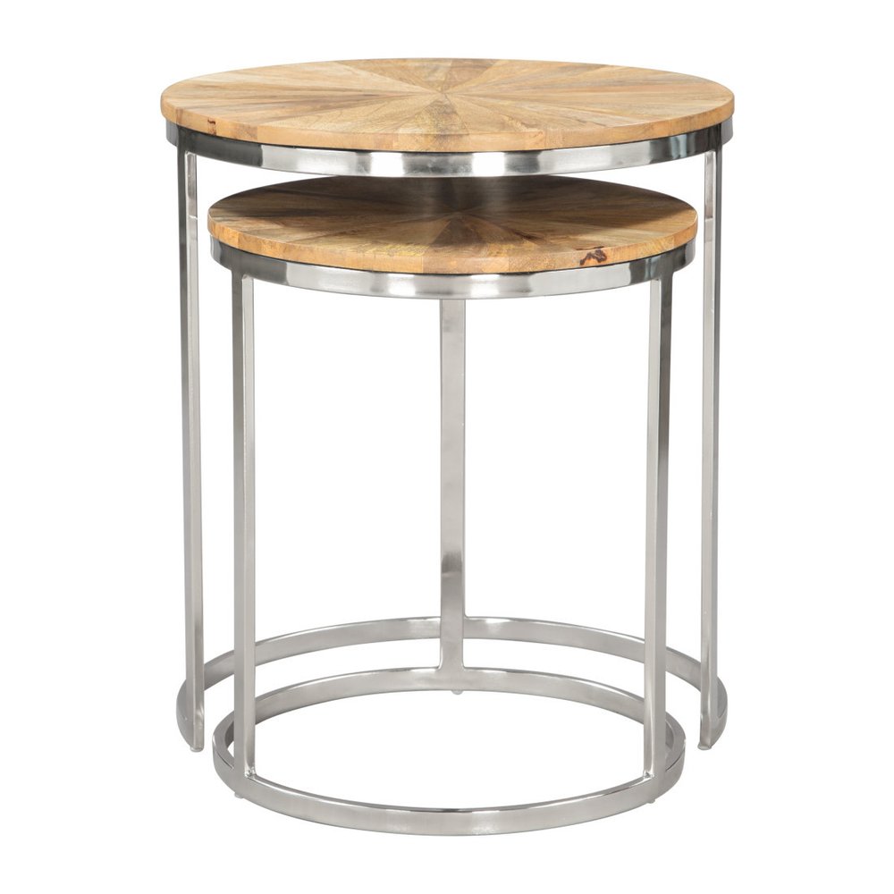 Set of Two Natural and Silver Solid Wood and Iron Round Frame Nested Tables