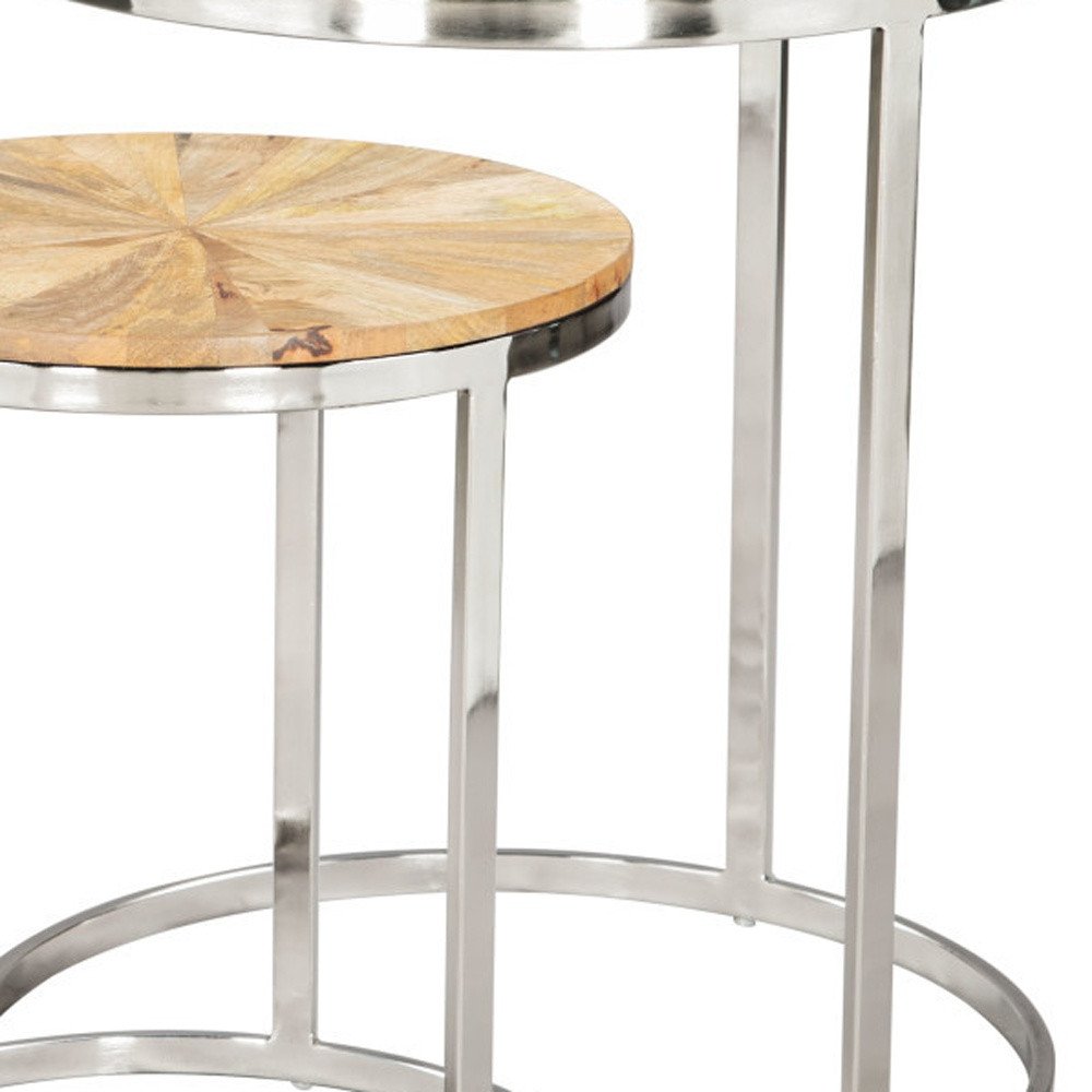 Set of Two Natural and Silver Solid Wood and Iron Round Frame Nested Tables