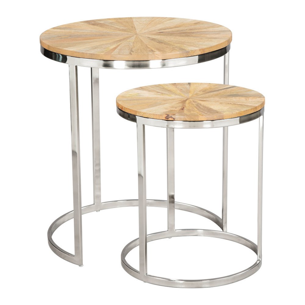 Set of Two Natural and Silver Solid Wood and Iron Round Frame Nested Tables