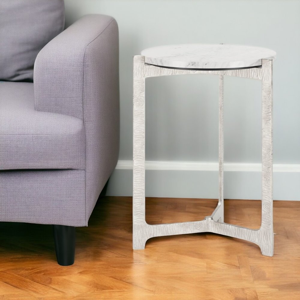 White and Silver Marble and Aluminum Round Cross Legs End Table