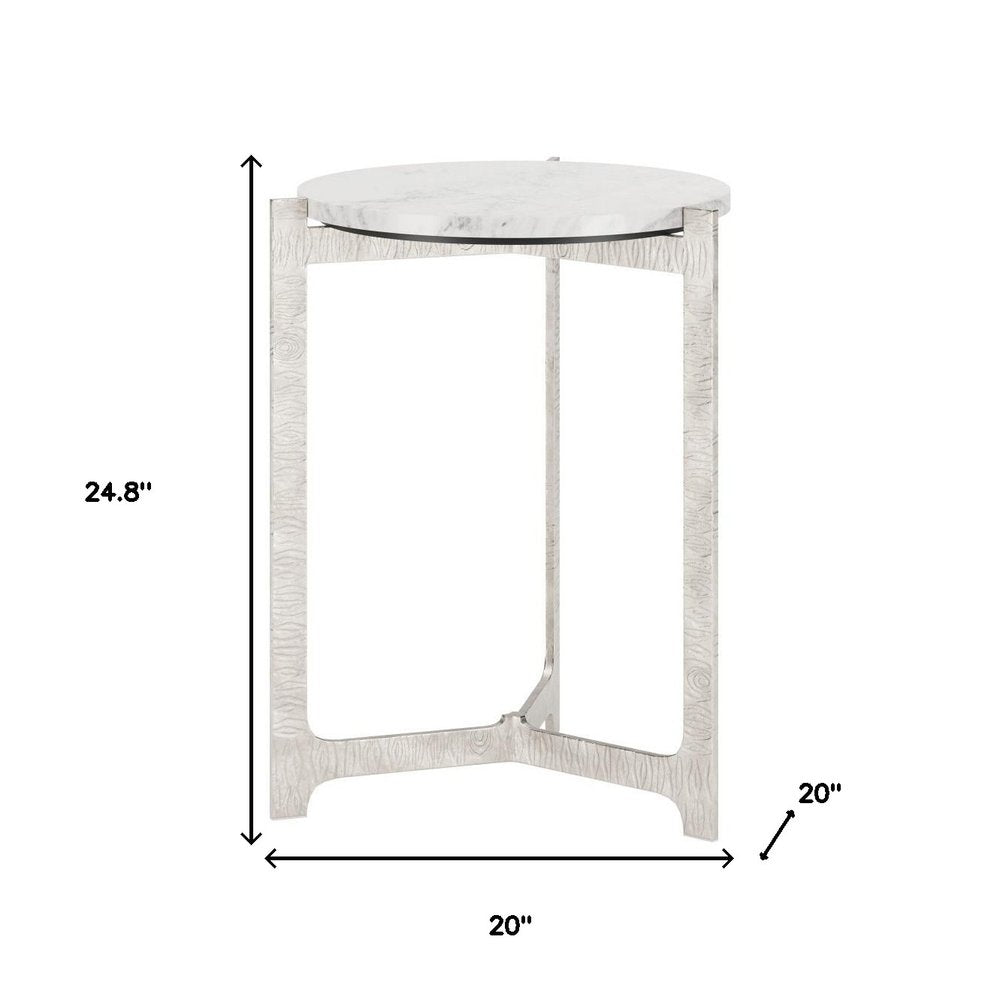 White and Silver Marble and Aluminum Round Cross Legs End Table