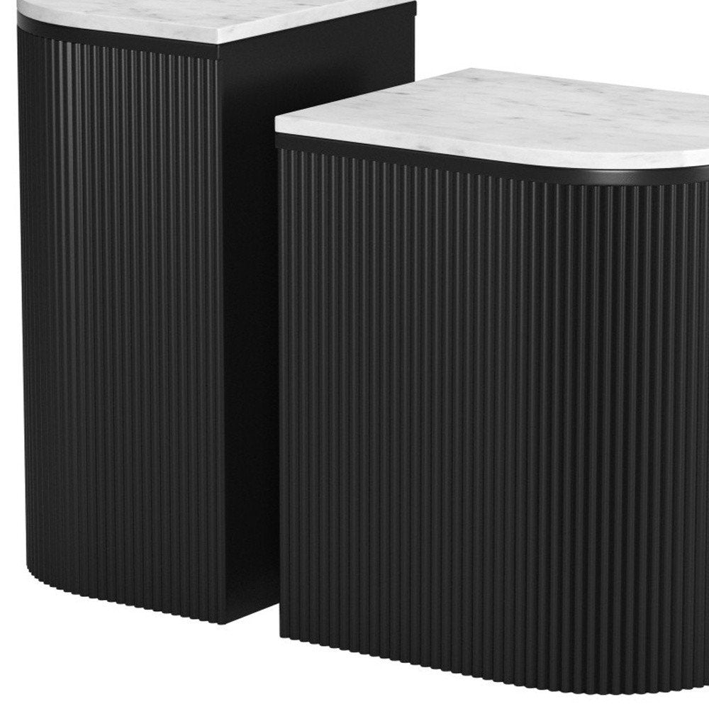 Set of Two Black and White Solid Wood and Marble Oval Block End Tables