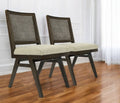 Set of Two Dark Brown and Gray Wood Cane and Upholstery Dining Side Chairs