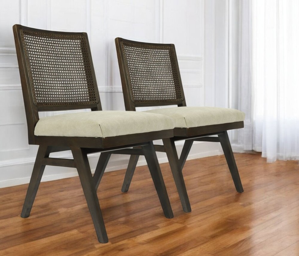 Set of Two Dark Brown and Gray Wood Cane and Upholstery Dining Side Chairs