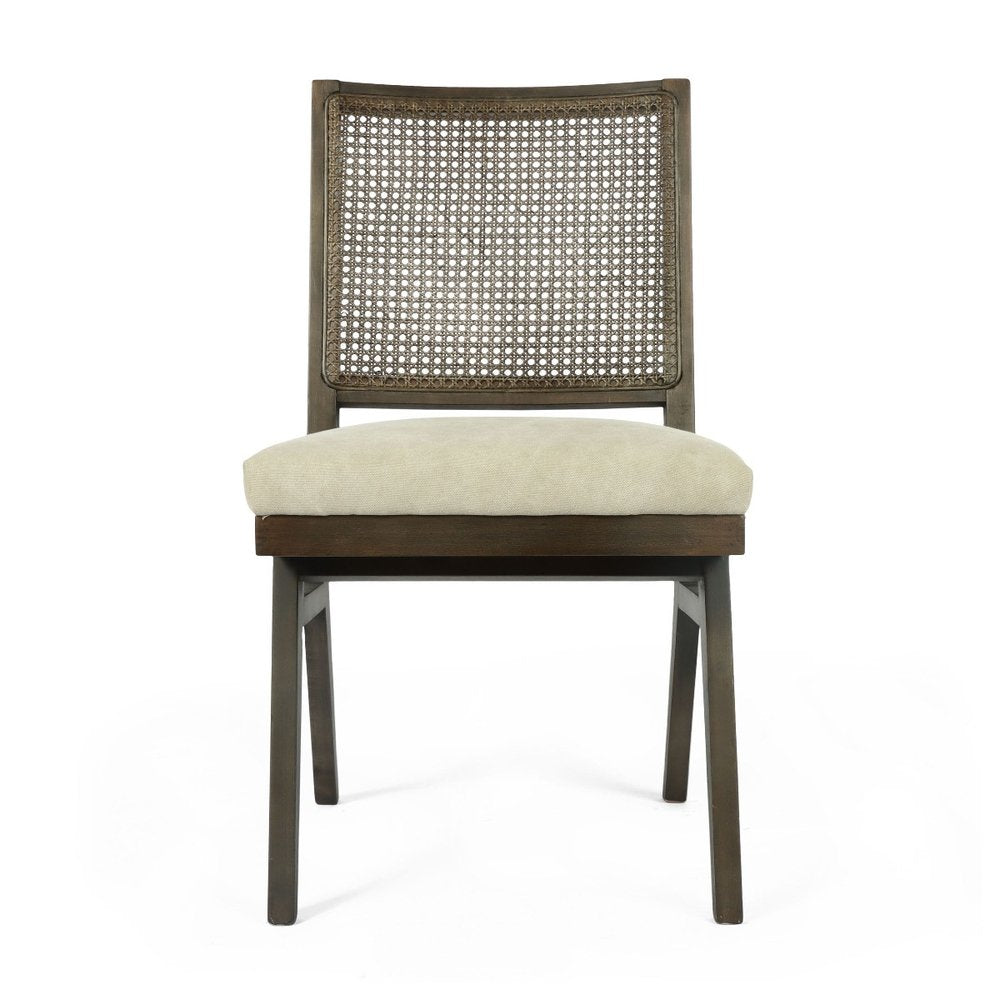 Set of Two Dark Brown and Gray Wood Cane and Upholstery Dining Side Chairs