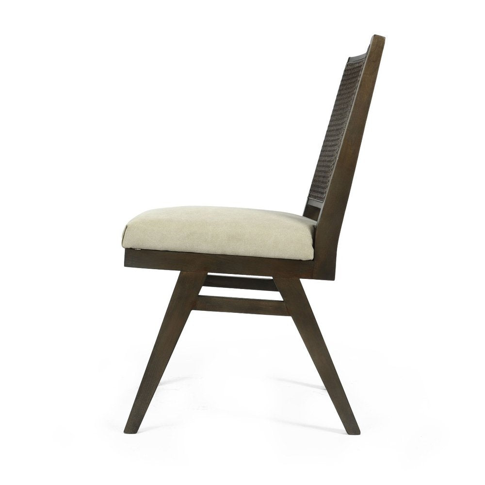 Set of Two Dark Brown and Gray Wood Cane and Upholstery Dining Side Chairs