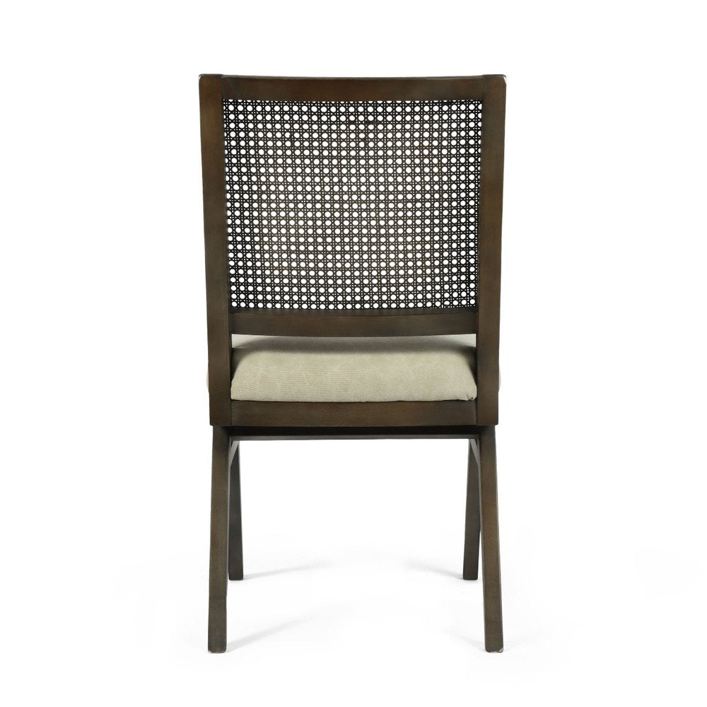 Set of Two Dark Brown and Gray Wood Cane and Upholstery Dining Side Chairs