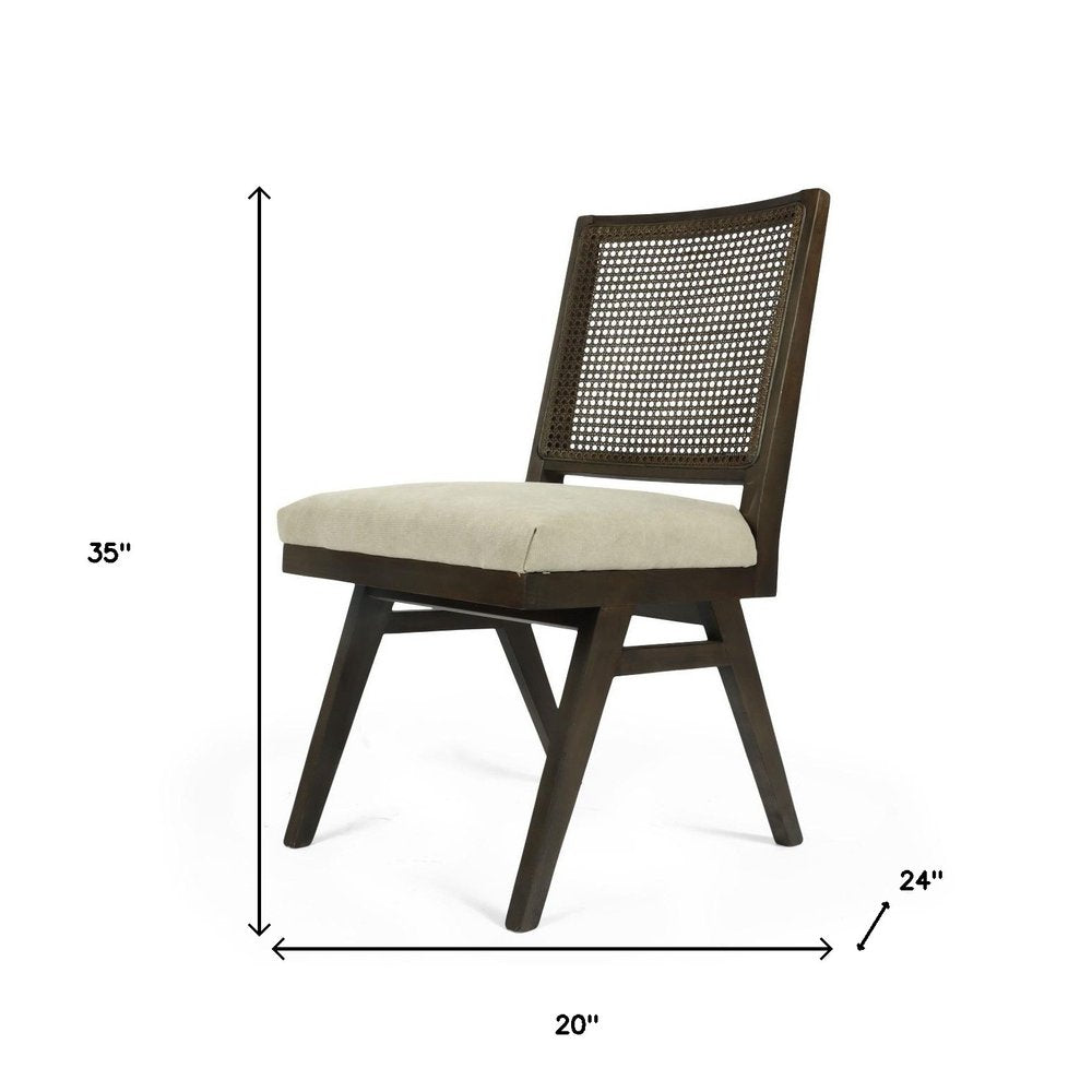 Set of Two Dark Brown and Gray Wood Cane and Upholstery Dining Side Chairs