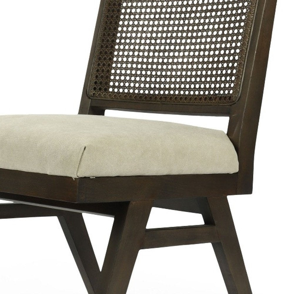 Set of Two Dark Brown and Gray Wood Cane and Upholstery Dining Side Chairs