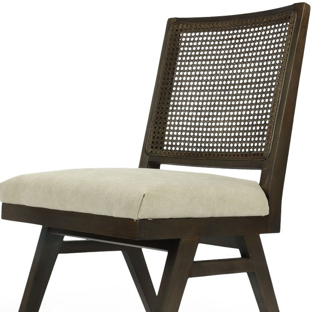 Set of Two Dark Brown and Gray Wood Cane and Upholstery Dining Side Chairs
