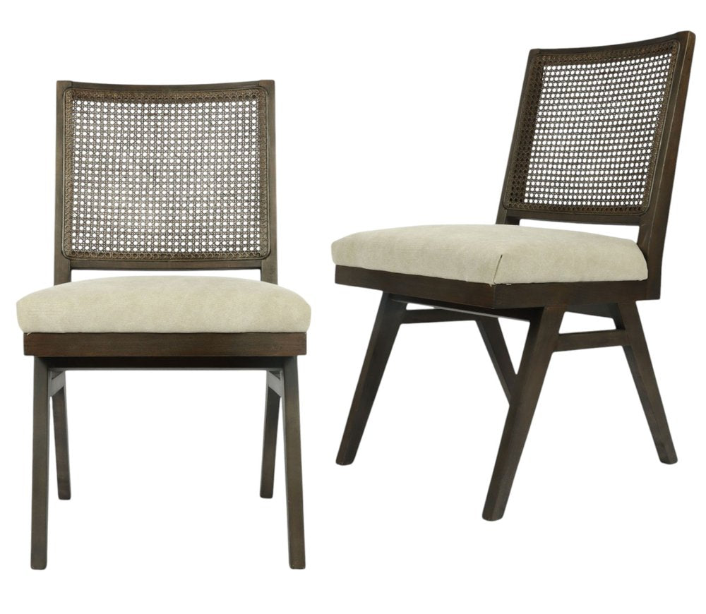 Set of Two Dark Brown and Gray Wood Cane and Upholstery Dining Side Chairs