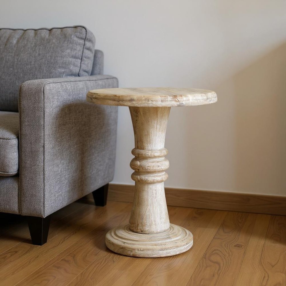 Brown Solid Wood Round Pedestal End Table - 28-inch