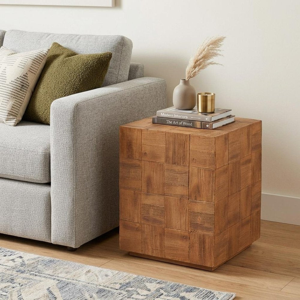 Natural Faux Wood Steel Block End Table - 22-inch