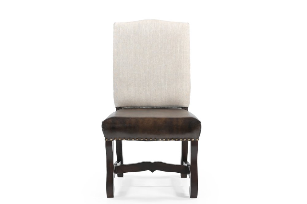 Set of Two Cream and Dark Brown Wood Leather and Linen Dining Side Chairs