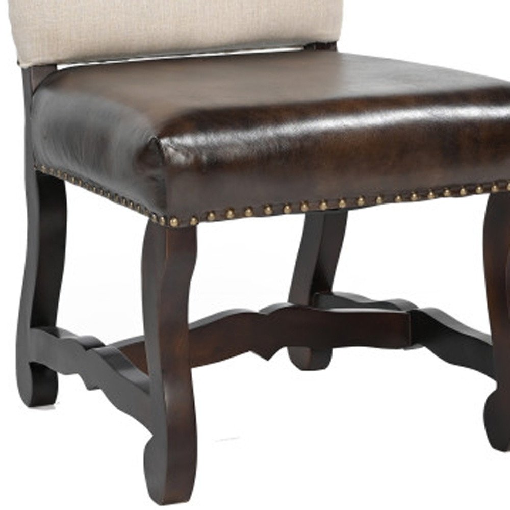 Set of Two Cream and Dark Brown Wood Leather and Linen Dining Side Chairs