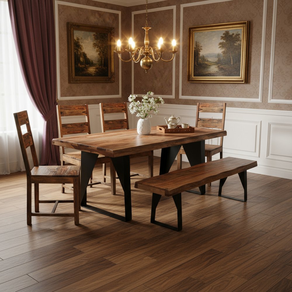 Six Piece Brown and Black Solid Wood Dining Set with Four Chairs
