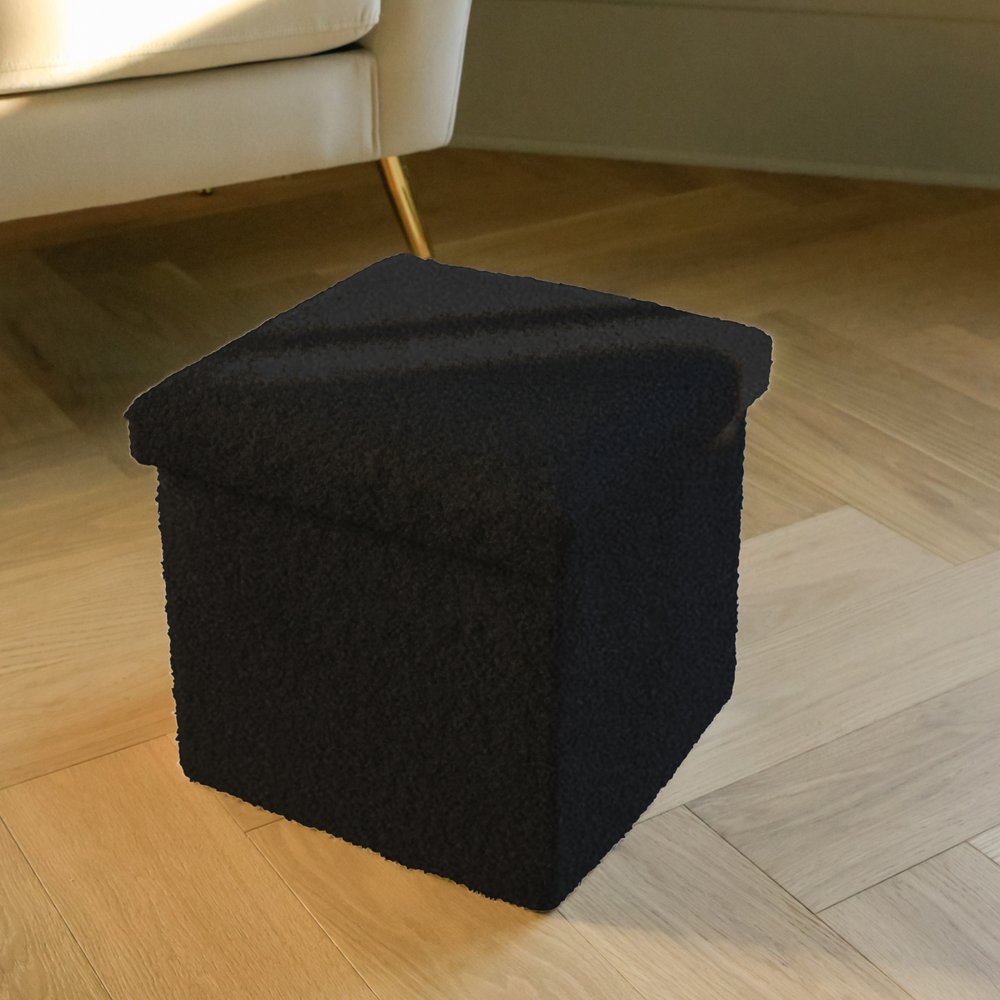 Black Boucle Cube Storage Ottoman - 15-inch
