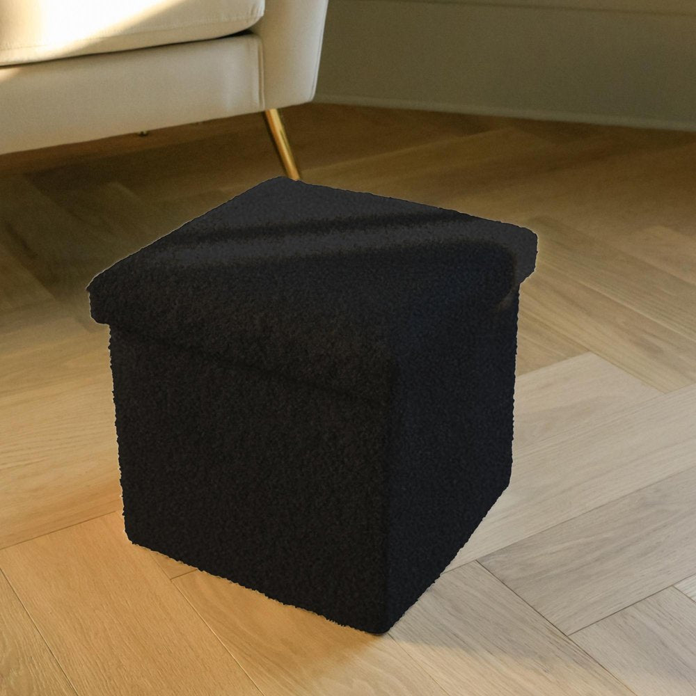 Black Boucle Cube Storage Ottoman - 15-inch