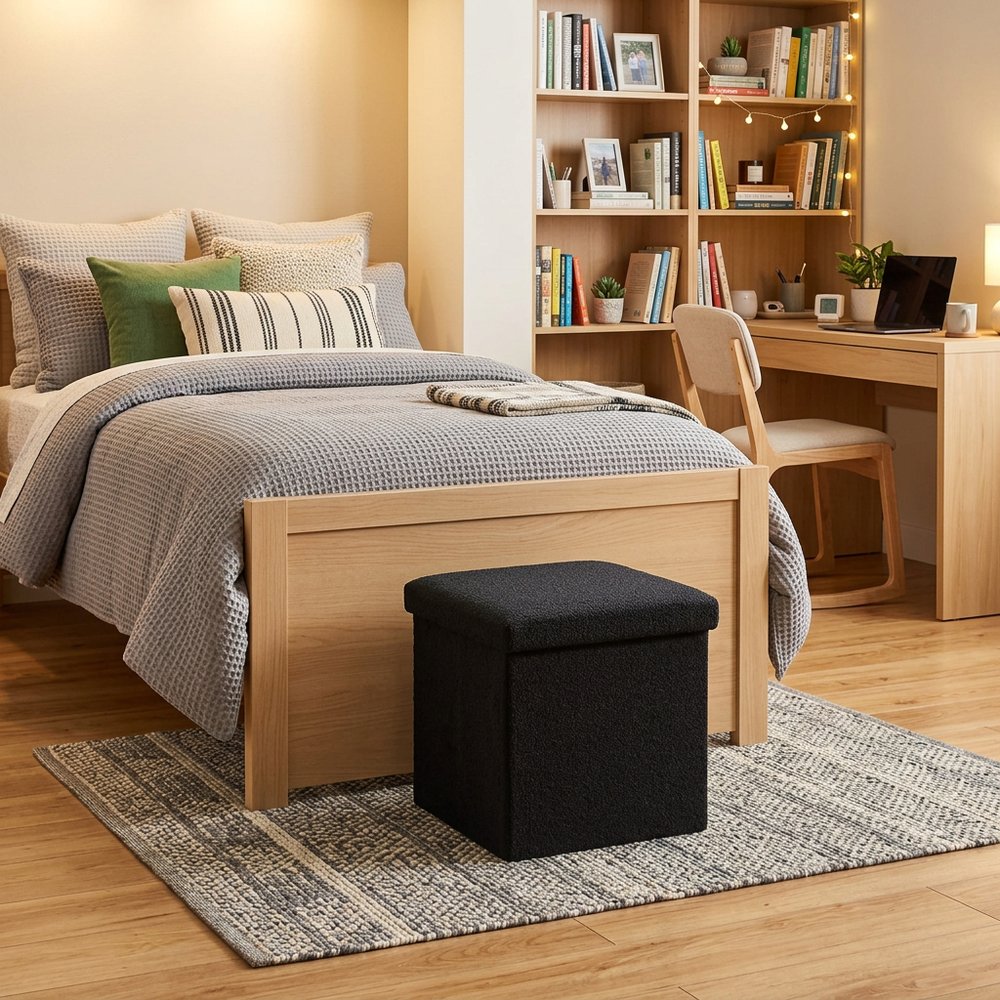 Black Boucle Cube Storage Ottoman - 15-inch