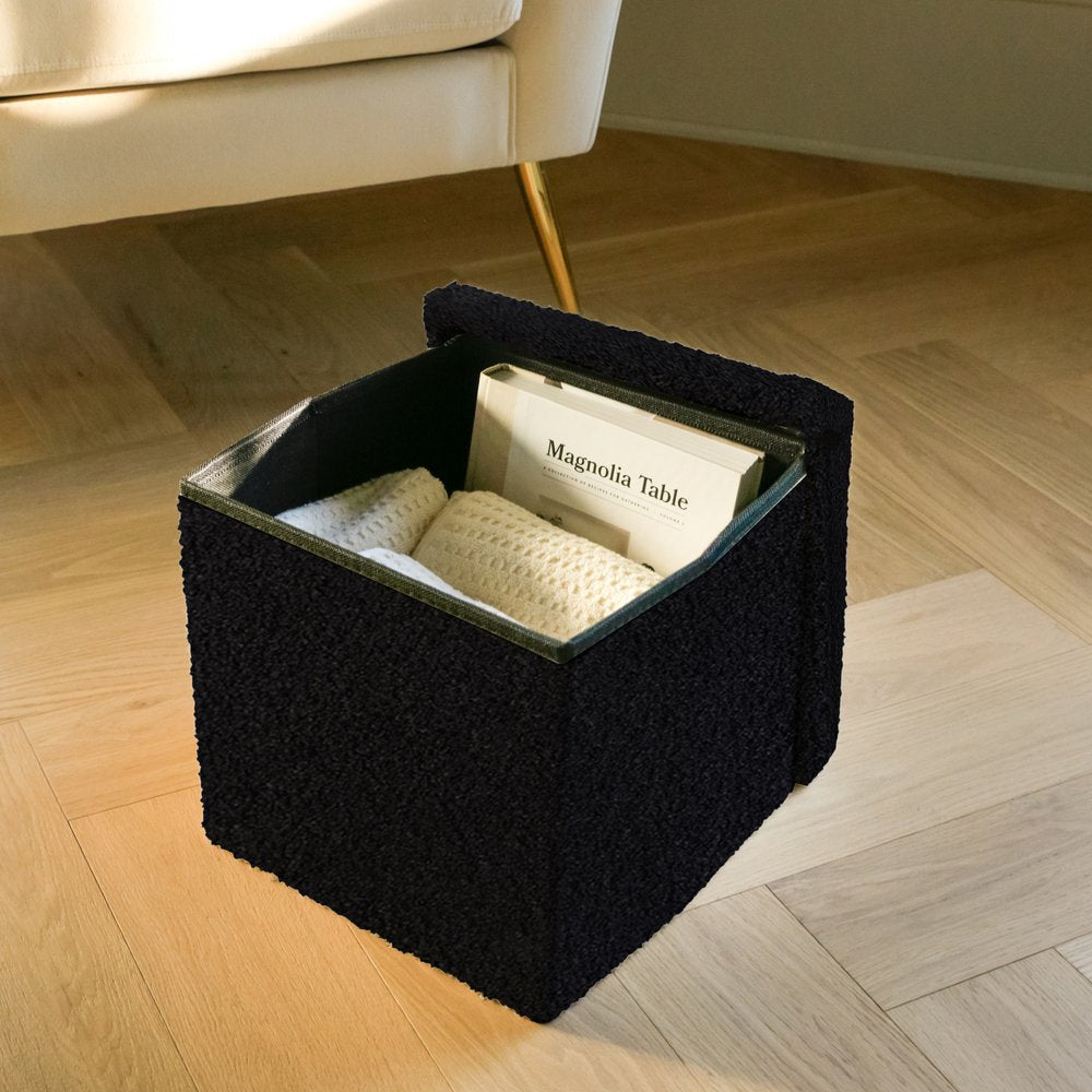Black Boucle Cube Storage Ottoman - 15-inch