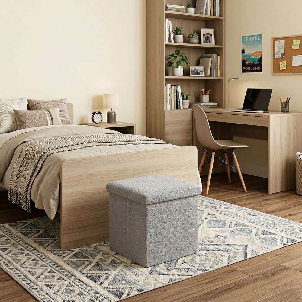 Gray Boucle Cube Storage Ottoman - 15-inch