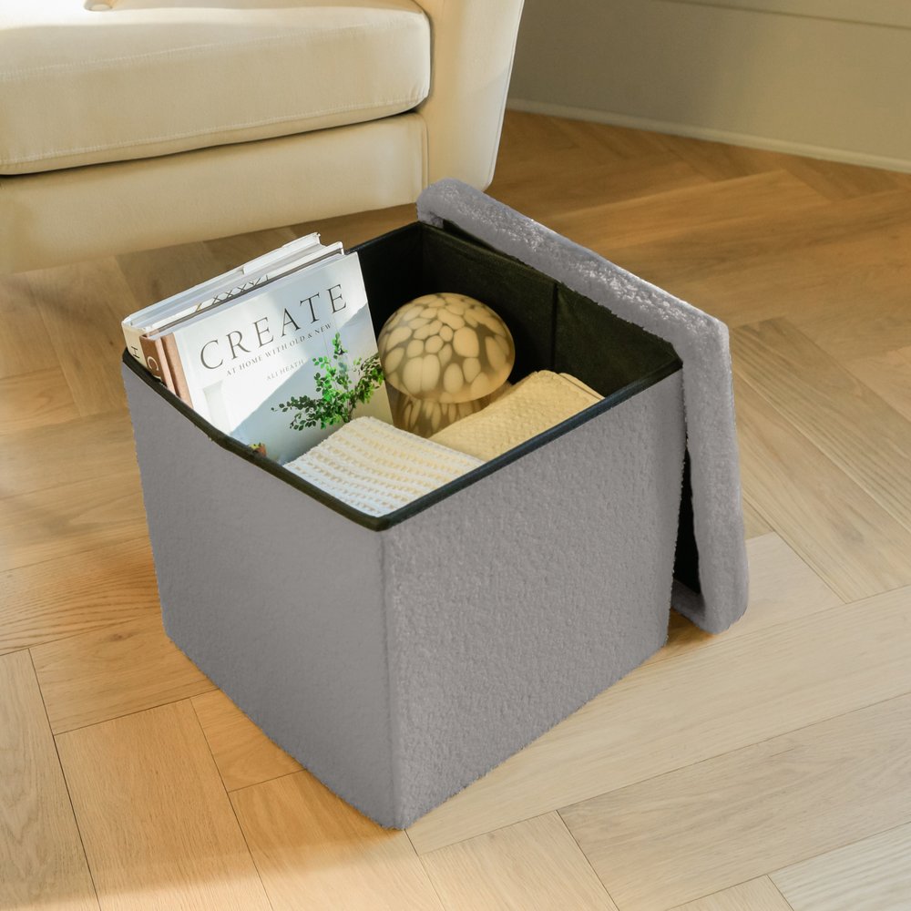 Gray Boucle Cube Storage Ottoman - 15-inch