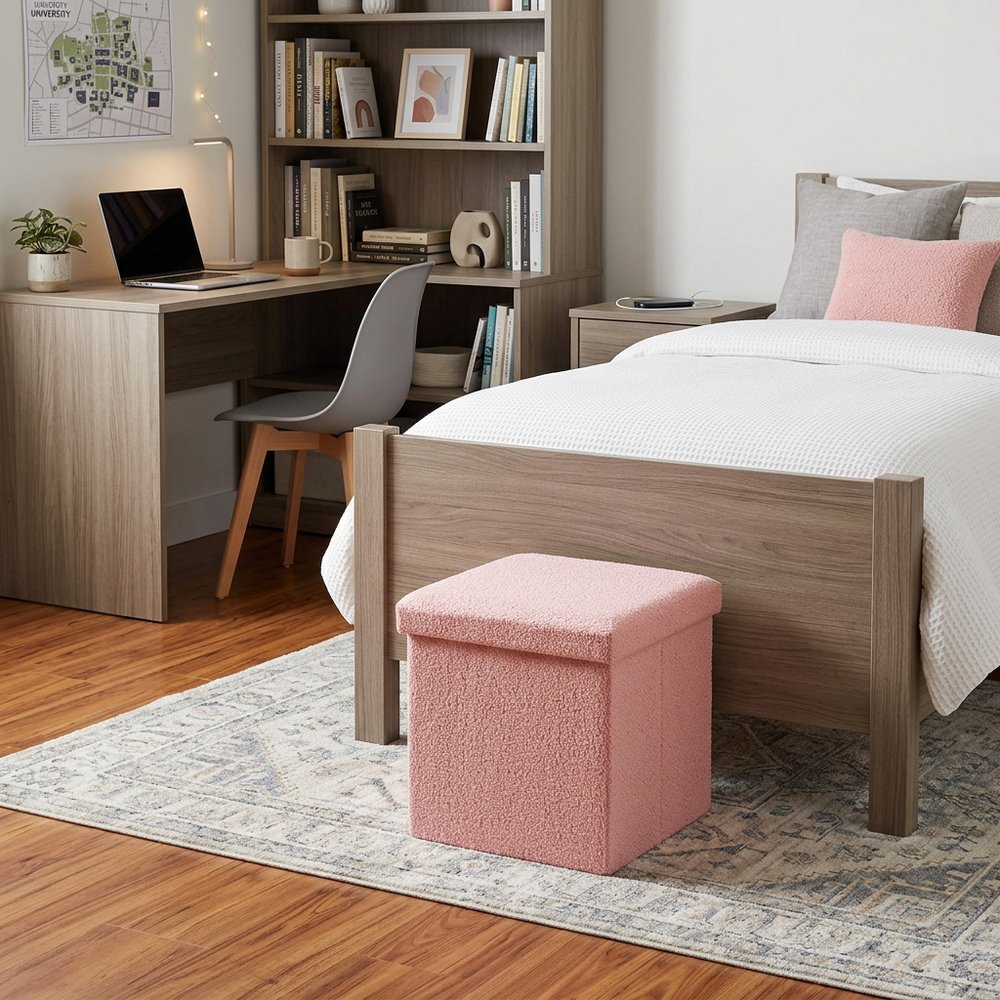 Pink Boucle Cube Storage Ottoman - 15-inch