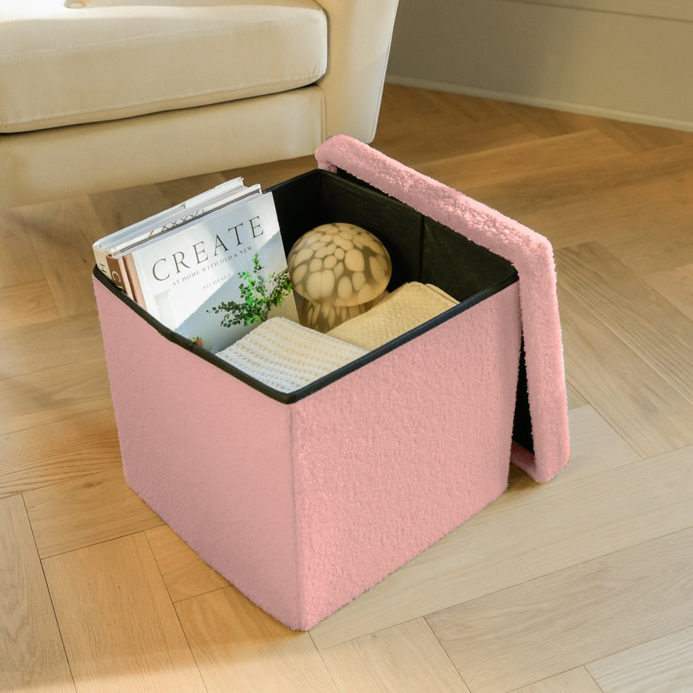 Pink Boucle Cube Storage Ottoman - 15-inch