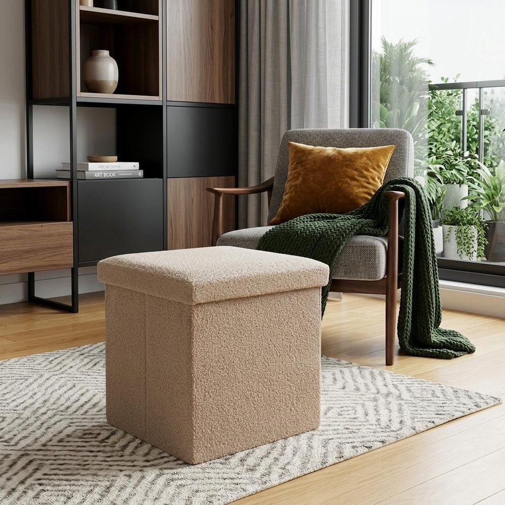Taupe Boucle Cube Storage Ottoman - 15-inch