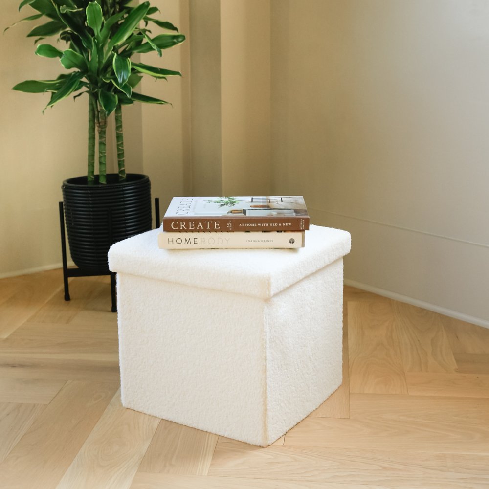 White Boucle Cube Storage Ottoman - 15-inch