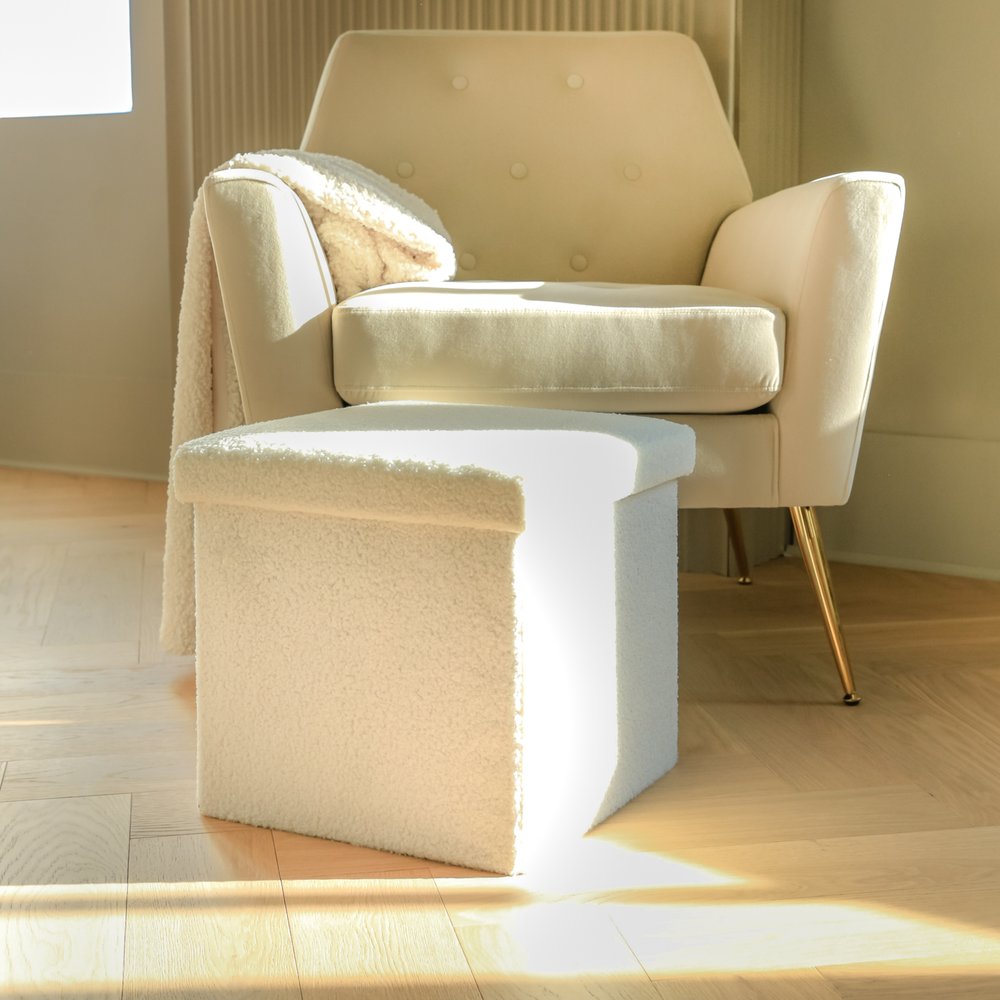 White Boucle Cube Storage Ottoman - 15-inch
