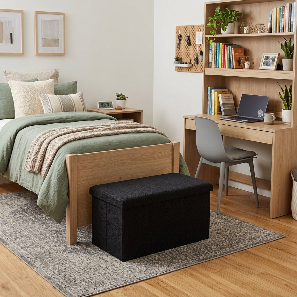 Black Boucle Cube Storage Ottoman - 15-inch
