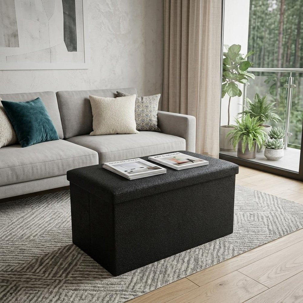 Black Boucle Cube Storage Ottoman - 15-inch