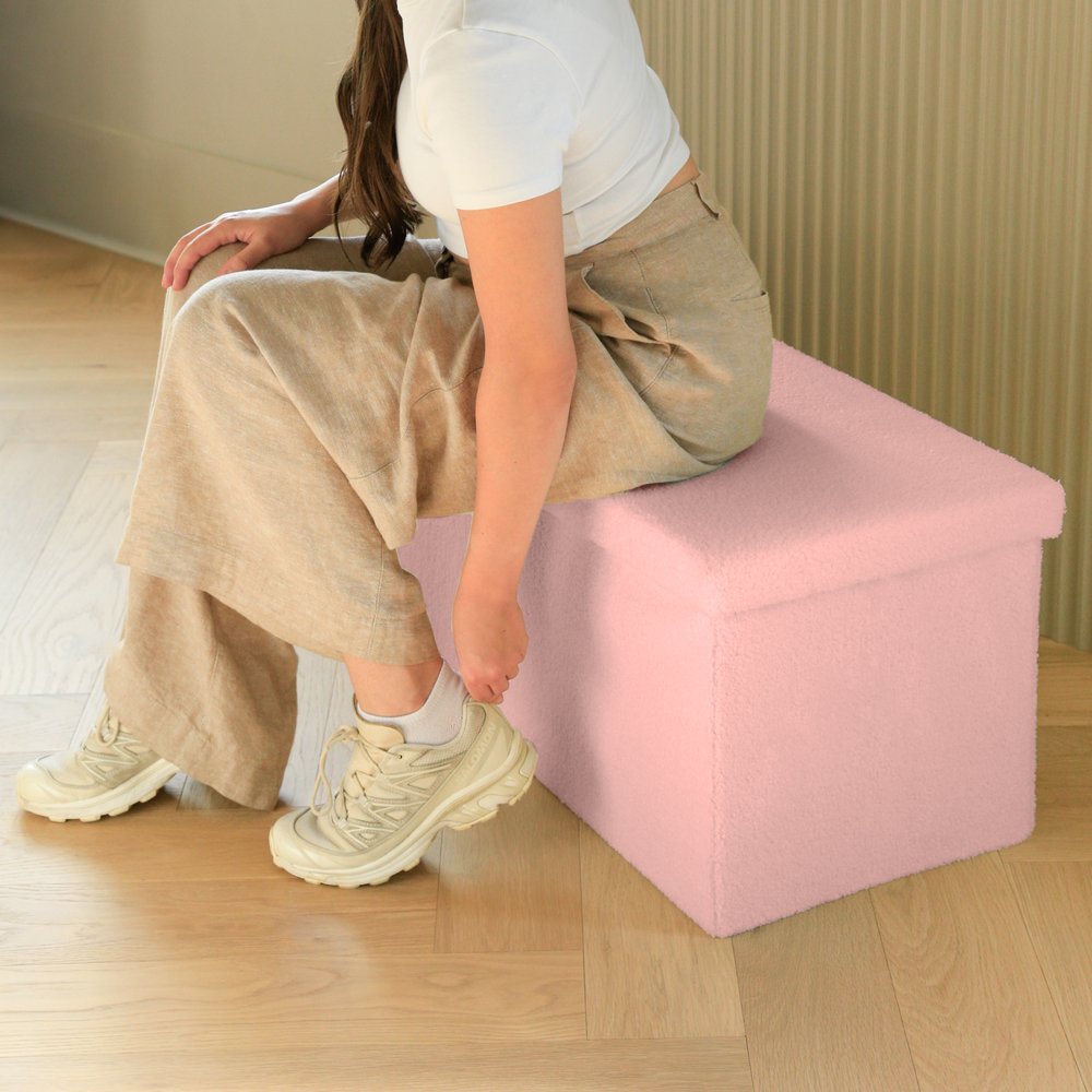 Pink Boucle Cube Storage Ottoman - 15-inch