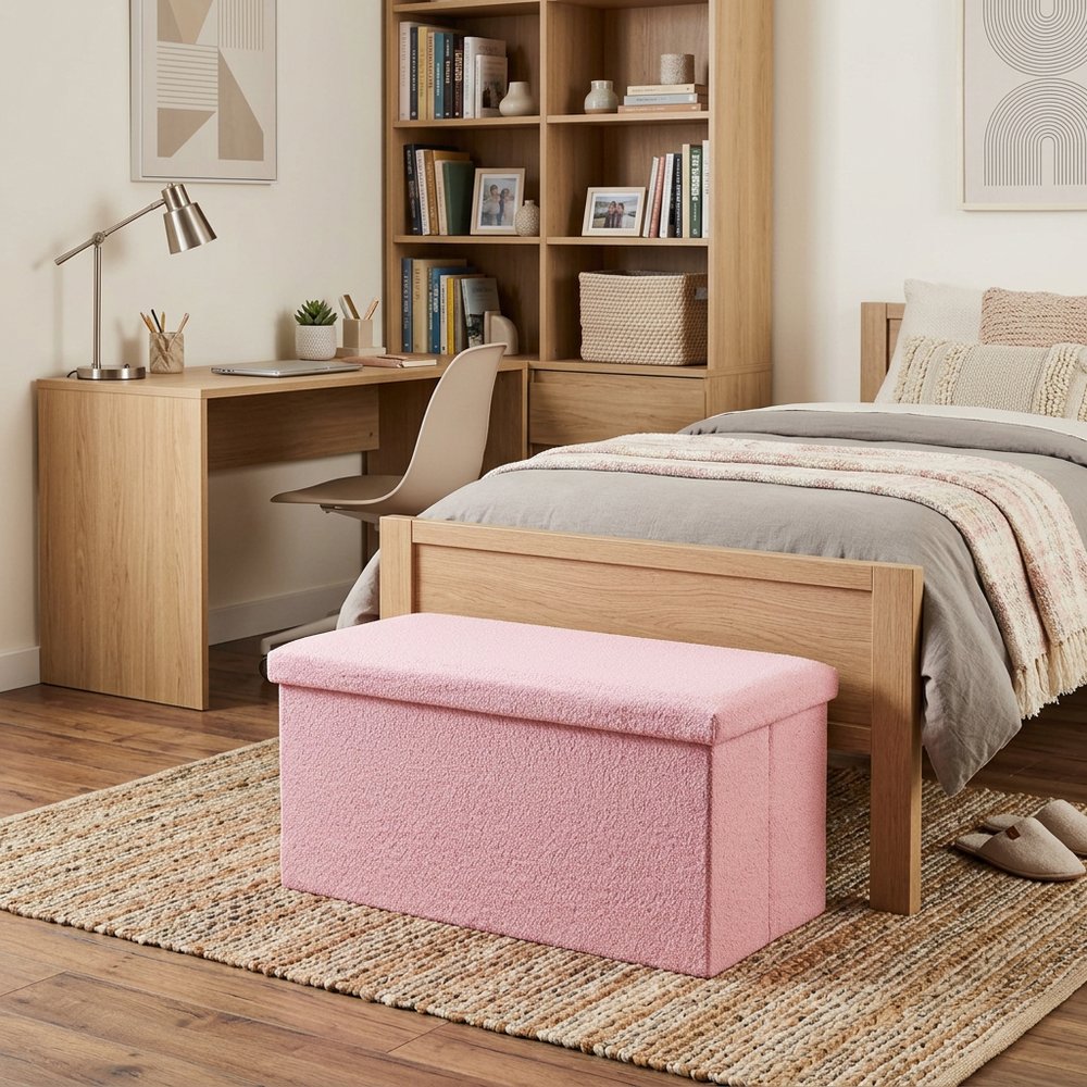 Pink Boucle Cube Storage Ottoman - 15-inch