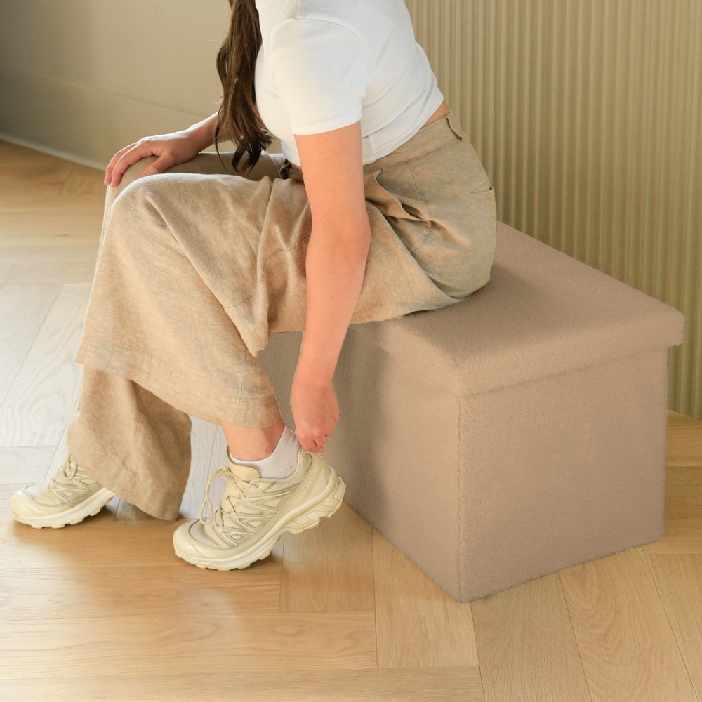 Taupe Boucle Cube Storage Ottoman - 15-inch