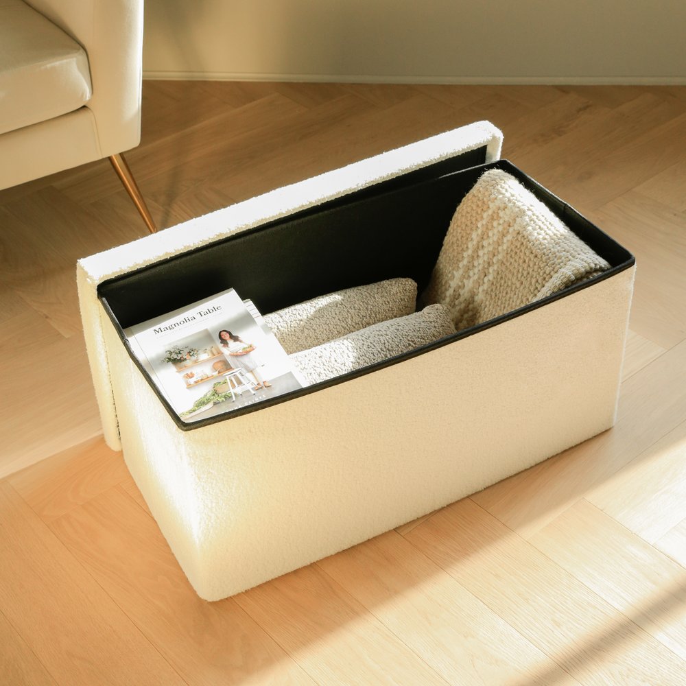 White Boucle Cube Storage Ottoman - 15-inch