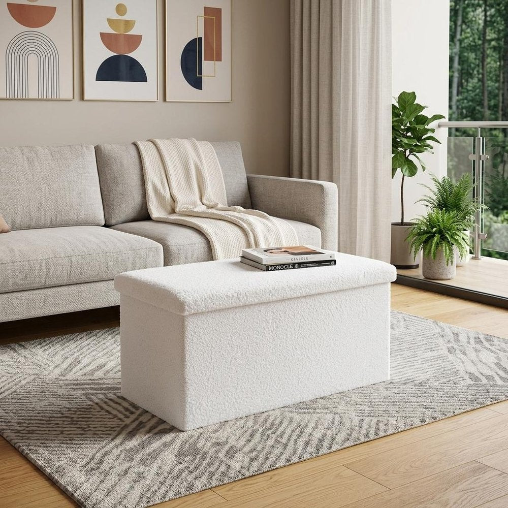 White Boucle Cube Storage Ottoman - 15-inch