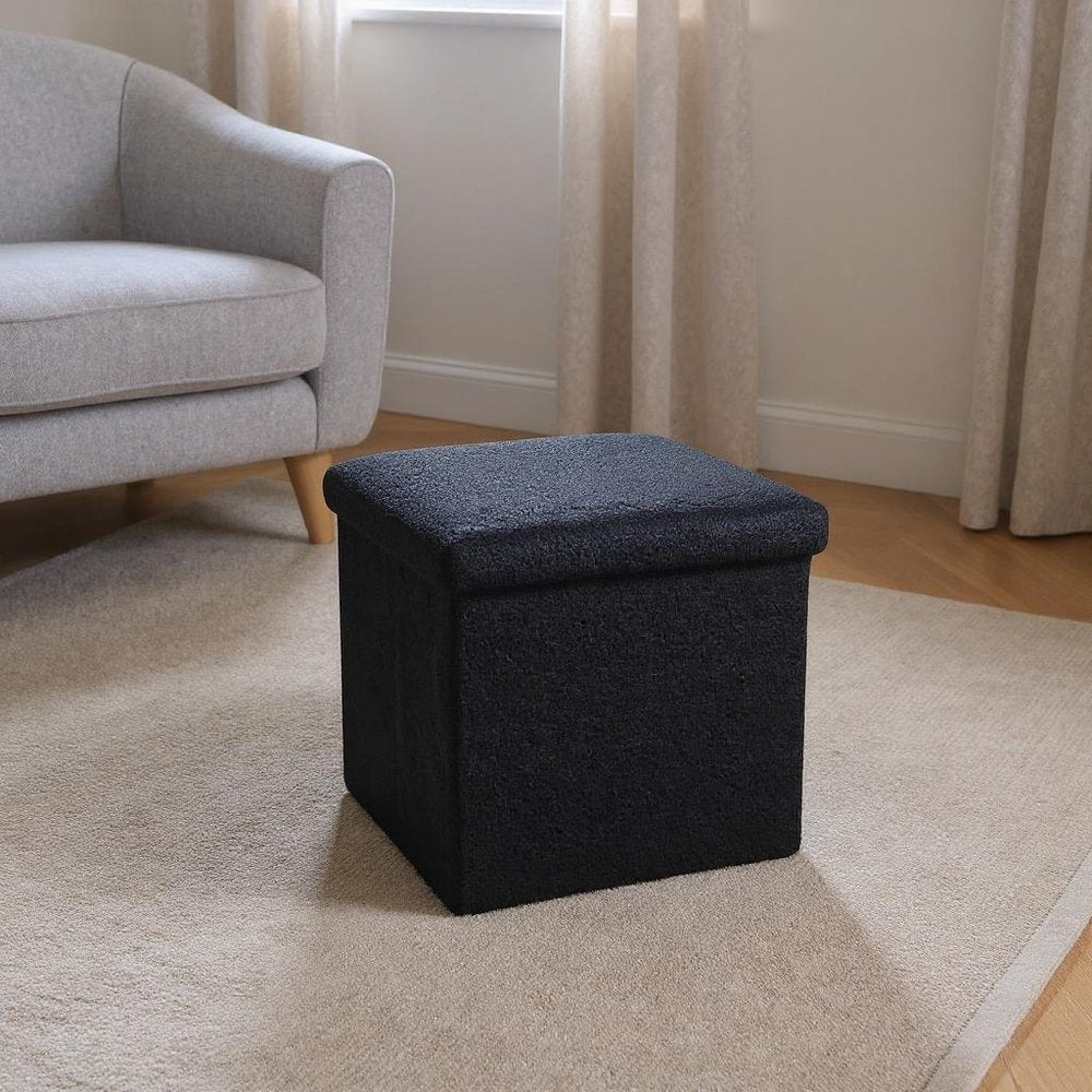 Black Boucle Cube Storage Ottoman - 15-inch