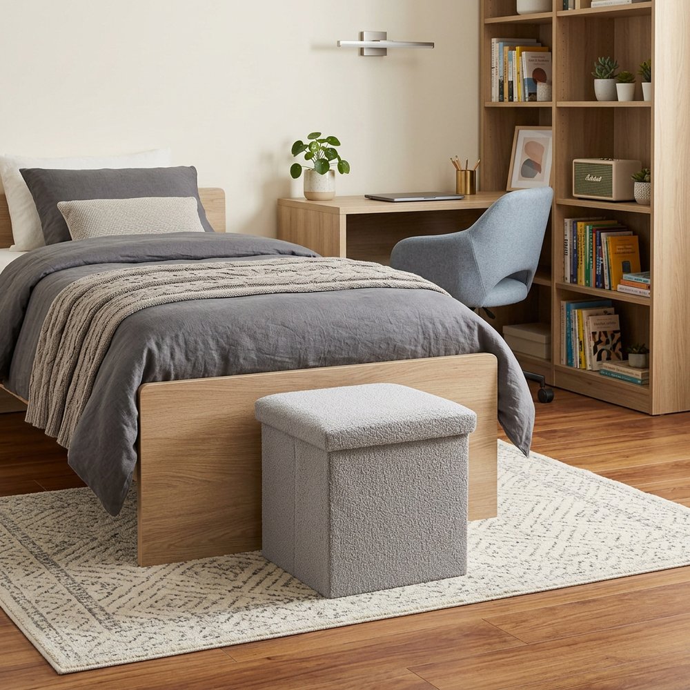 Gray Boucle Cube Storage Ottoman - 15-inch