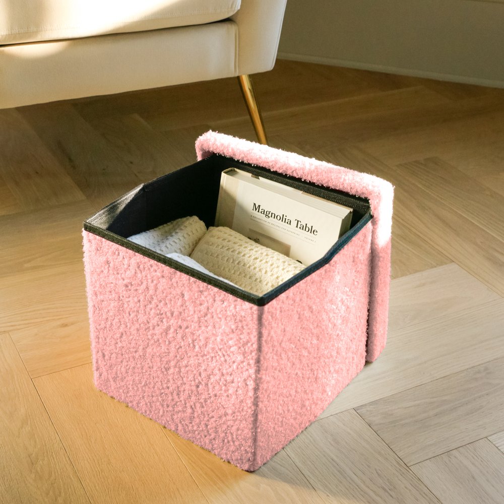 Pink Boucle Cube Storage Ottoman - 15-inch