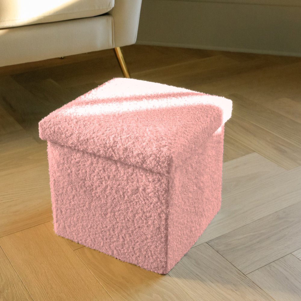 Pink Boucle Cube Storage Ottoman - 15-inch
