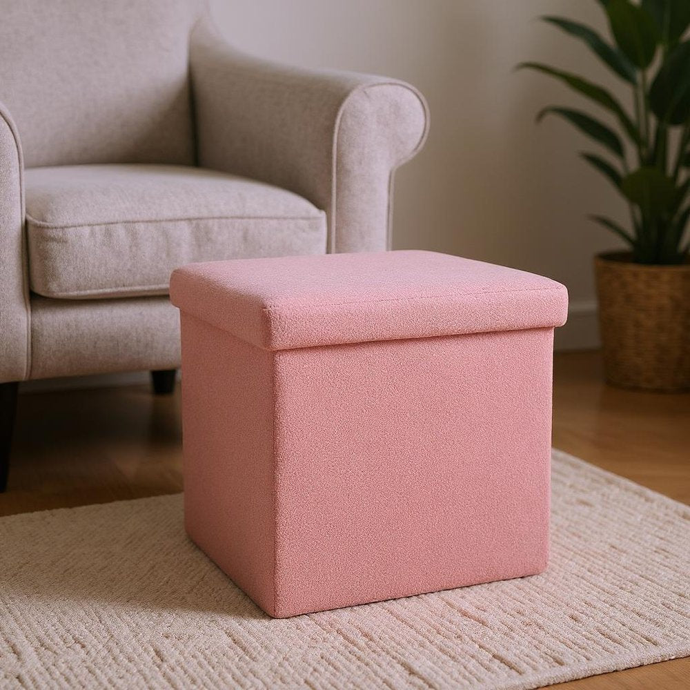 Pink Boucle Cube Storage Ottoman - 15-inch