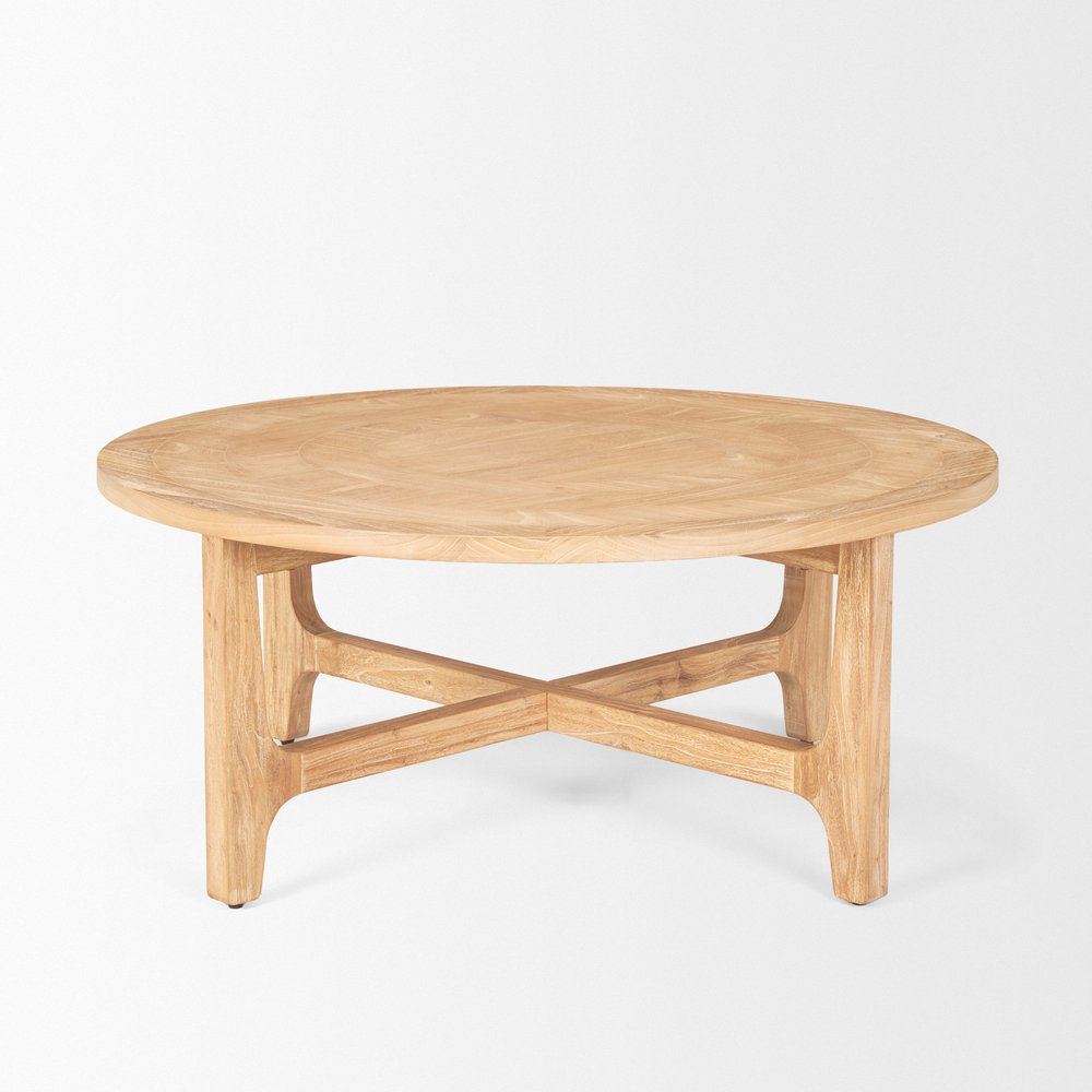 Natural and White Solid Wood Round Distressed Coffee Table - 39-inch