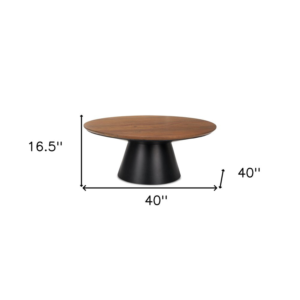 Brown and Black Solid Wood and Iron Round Pedestal Coffee Table