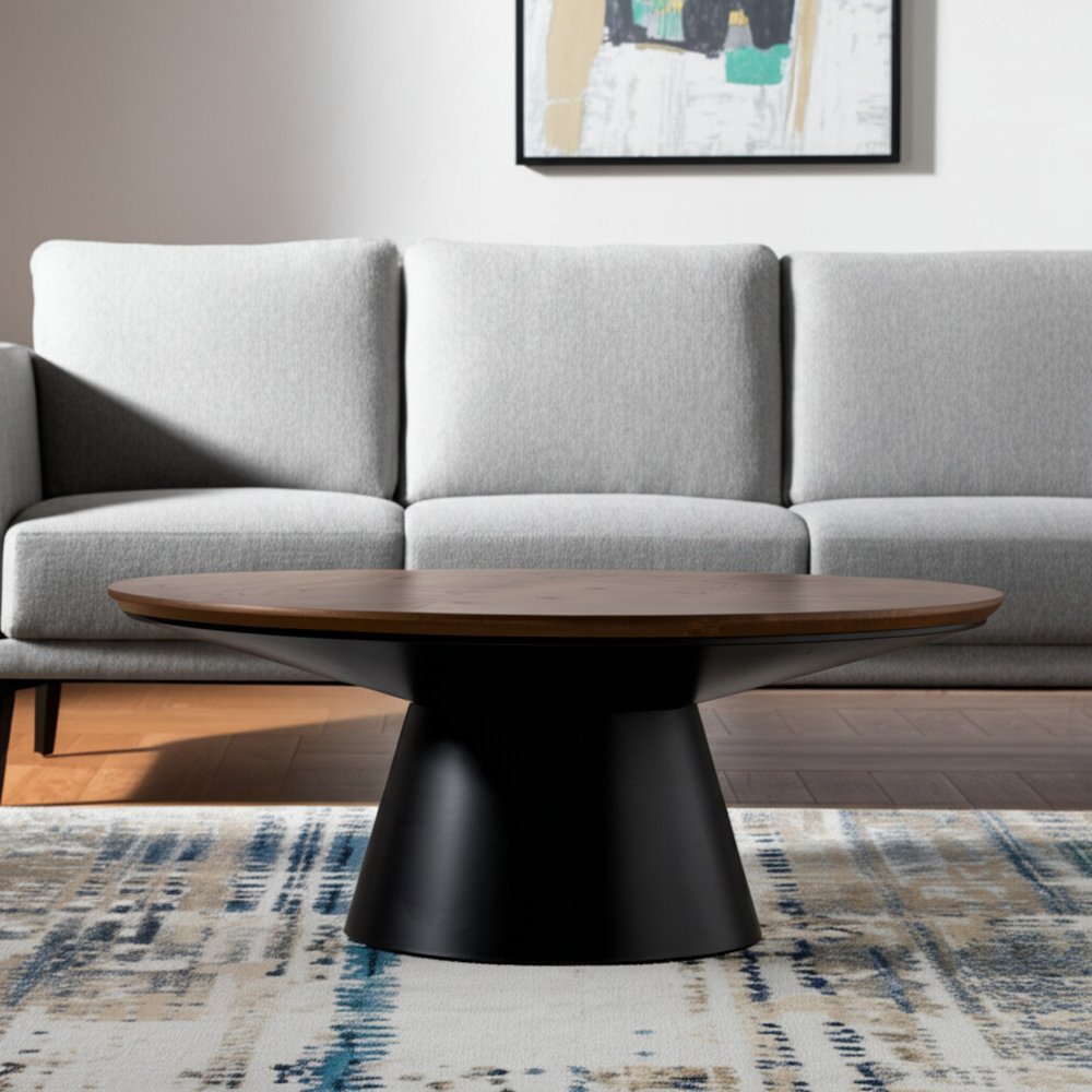 Brown and Black Solid Wood and Iron Round Pedestal Coffee Table
